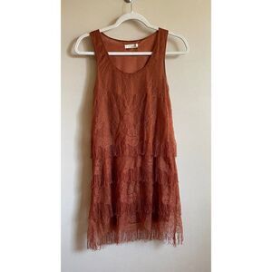 Lush womens rust layered fringe dress XS